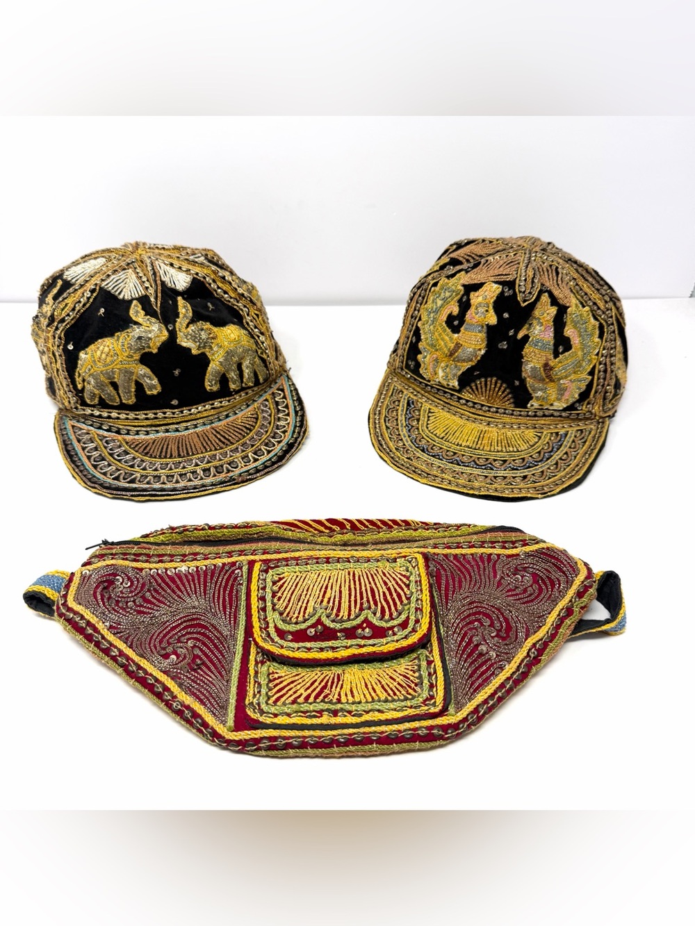 Vintage Embroidered Kalagan Burma Elephant Cap Hat & Fanny Pack Lot Thailand GUC